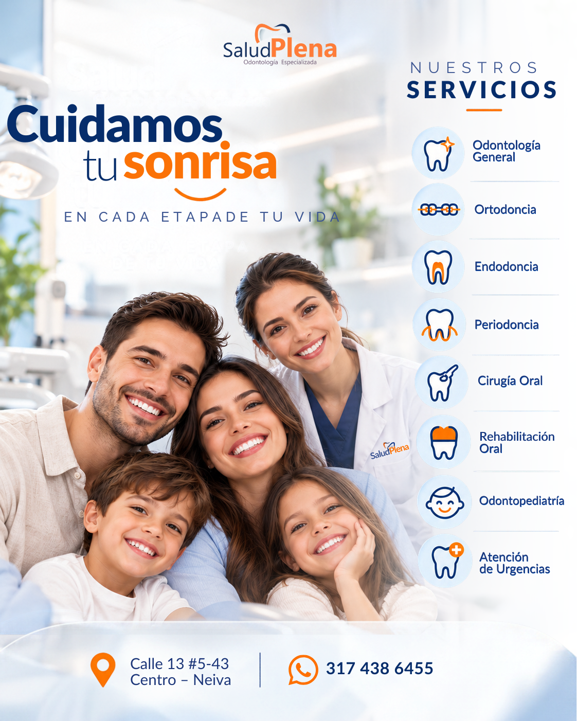 Equipo de odontólogos sonriendo en clínica dental con pacientes jóvenes en Neiva, Huila, Colombia.