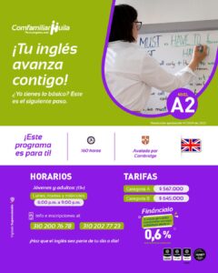 Aprendizaje de inglés nivel A2 con enseñanza avalada por Cambridge en Huila TV, programa para jóvenes y adultos, con horarios y tarifas accesibles, enfocado en avanzar en dominio del idioma inglés.