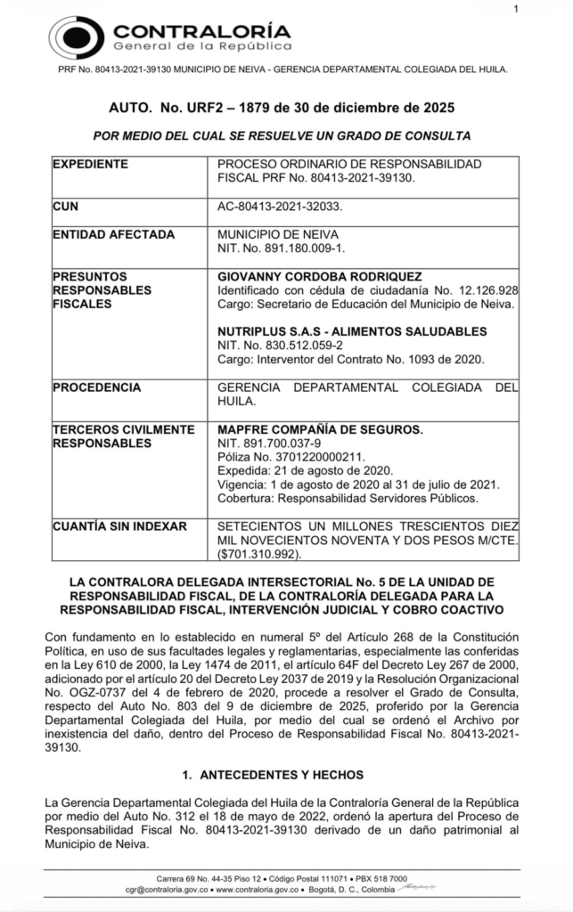 Archivo de proceso fiscal en Neiva por contrato del PAE sin daño patrimonial, según la Contraloría. Información oficial sobre auditorías y decisiones en Huila Tv.